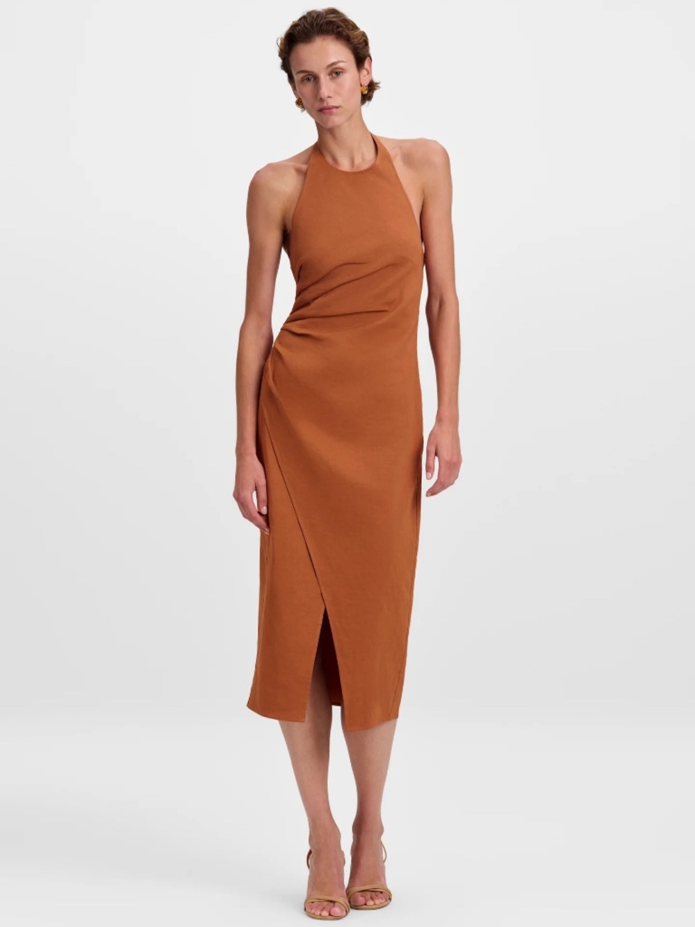ALC Sylvie Linen Midi Halter Dress Size 8 Red Rock Brown